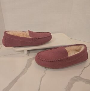 The Vermont Country Store Suede Leather Shearling Slippers Mauve Womens 10